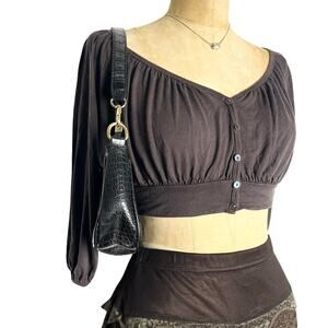 Vintage Express Cropped Blouse Brown Piratecore Bishop Sleeve Romantic Top M